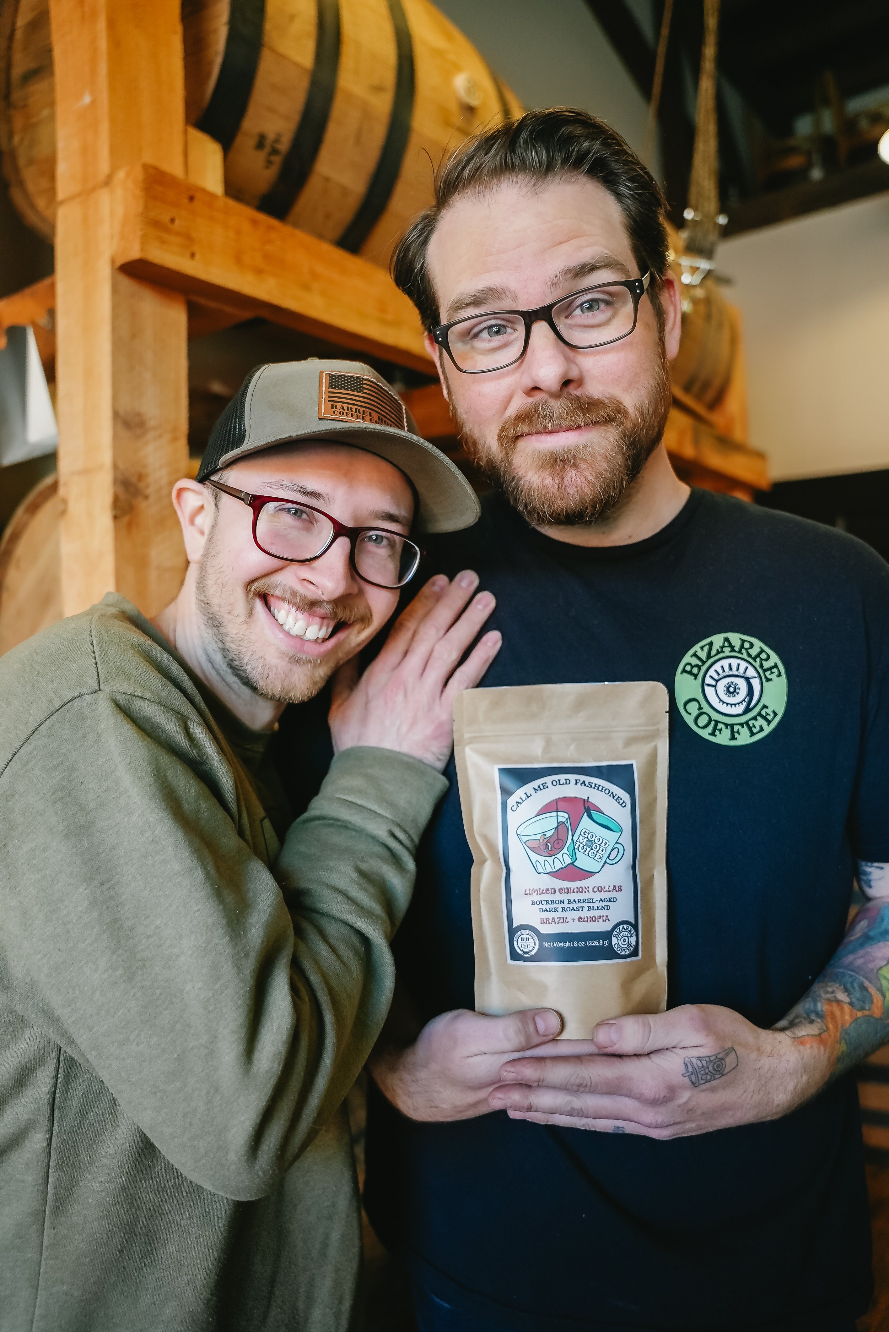 Bourbon barrel-aged coffee beans in charred oak barrel collaboration with Bizarre Coffee and Barrel House Coffee