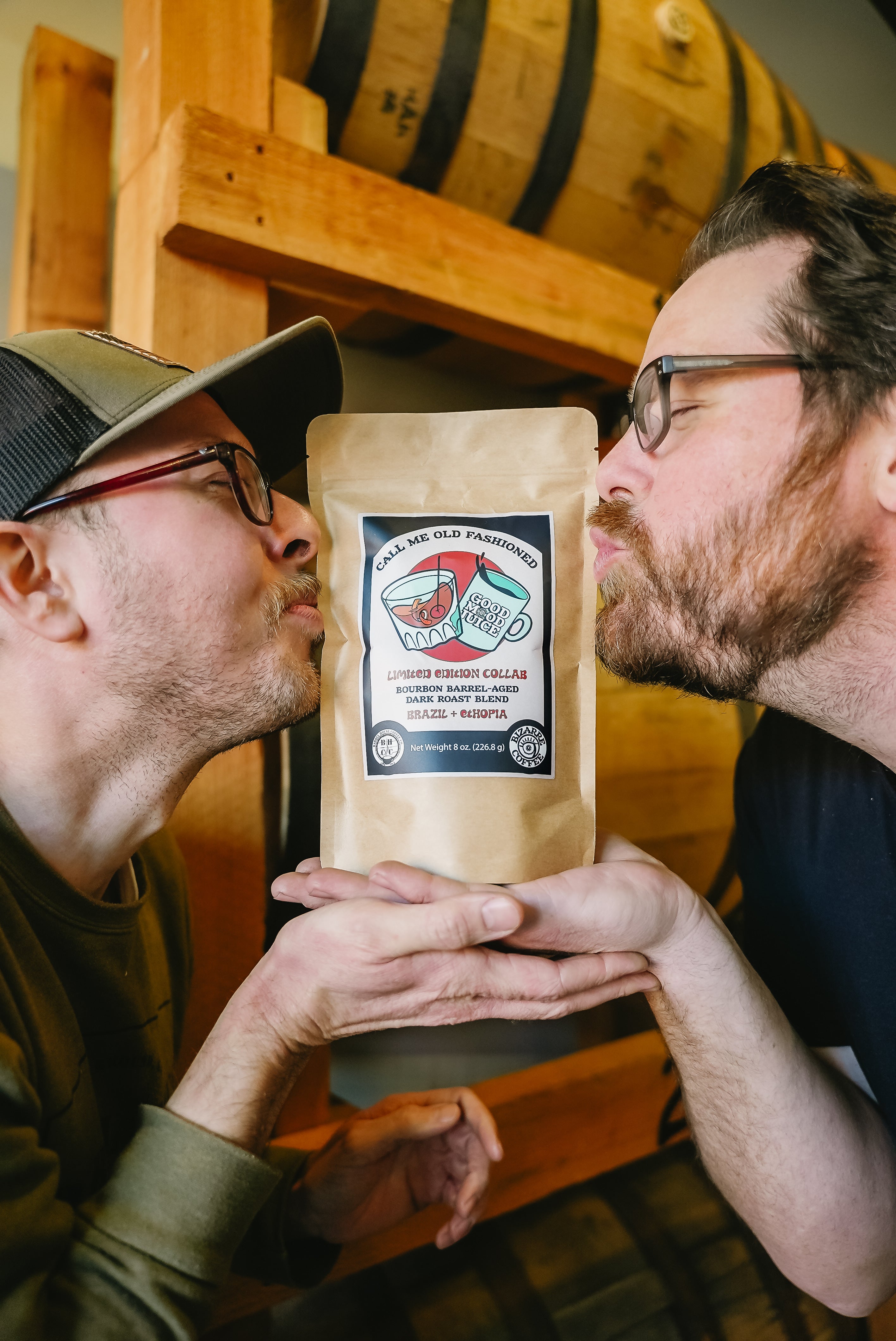 Bourbon barrel-aged coffee beans in charred oak barrel collaboration with Bizarre Coffee and Barrel House Coffee