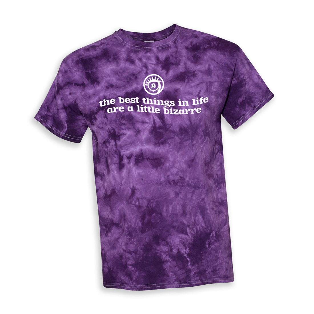 A purple tie-dye t-shirt that has the Bizarre Coffee logo and says &quot;the best things in life are a little bizarre.&quot;