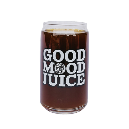 A beer can-style glass that says Good Mood Juice.