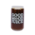 A beer can-style glass that says Good Mood Juice.