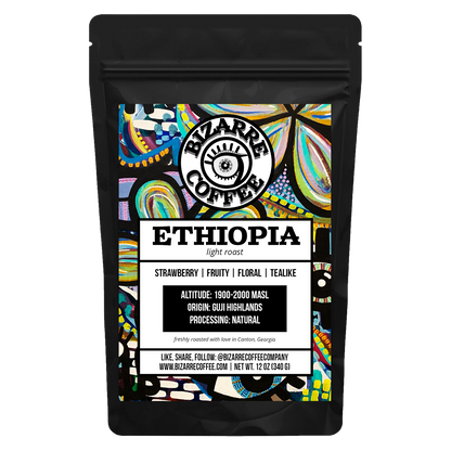 A bag of Bizarre Coffee Ethiopian light roast coffee. Tasting notes: strawberry, fruity, floral, tealike. 