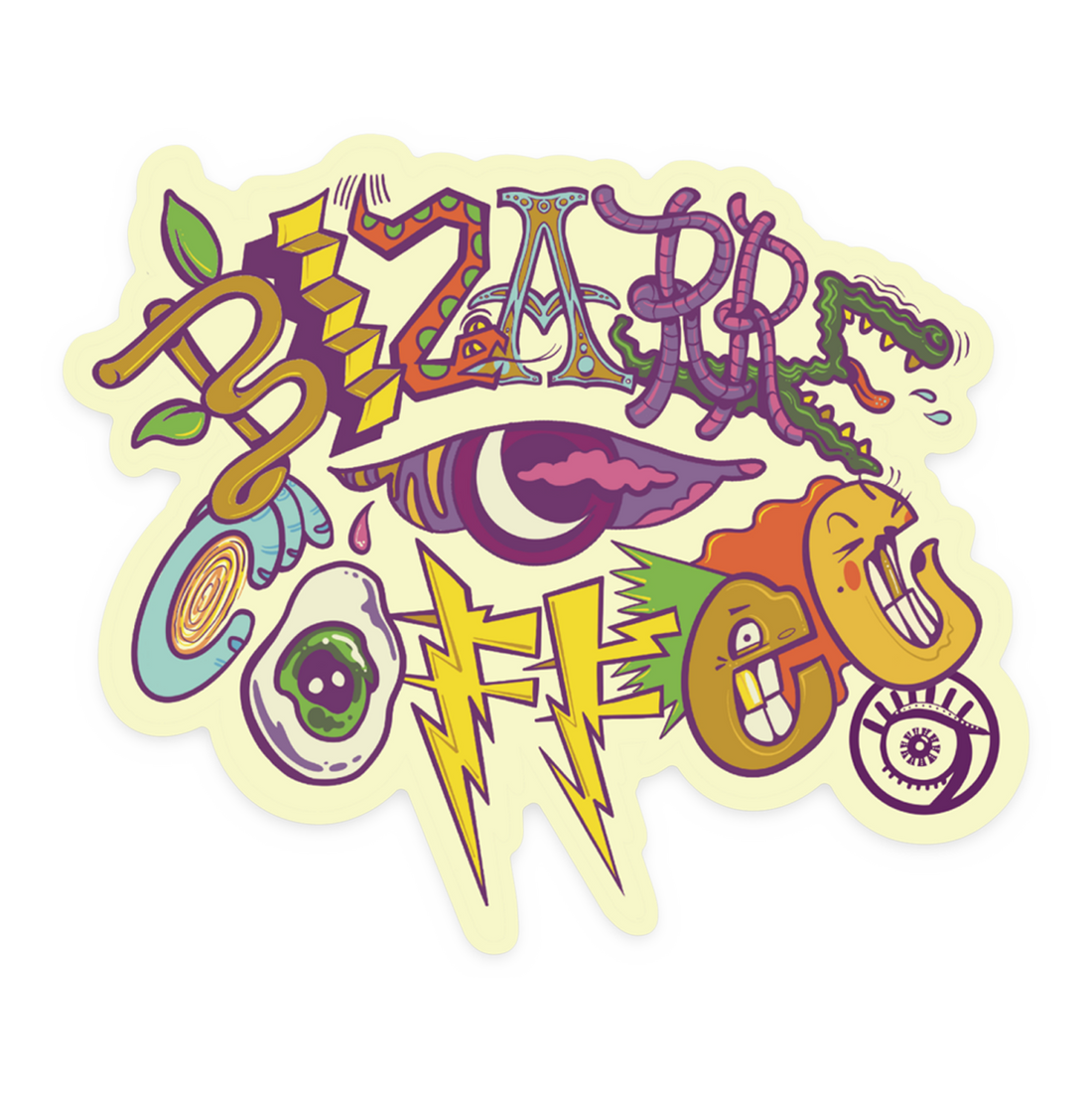A custom designed sticker that says Bizarre Coffee in funky letters.