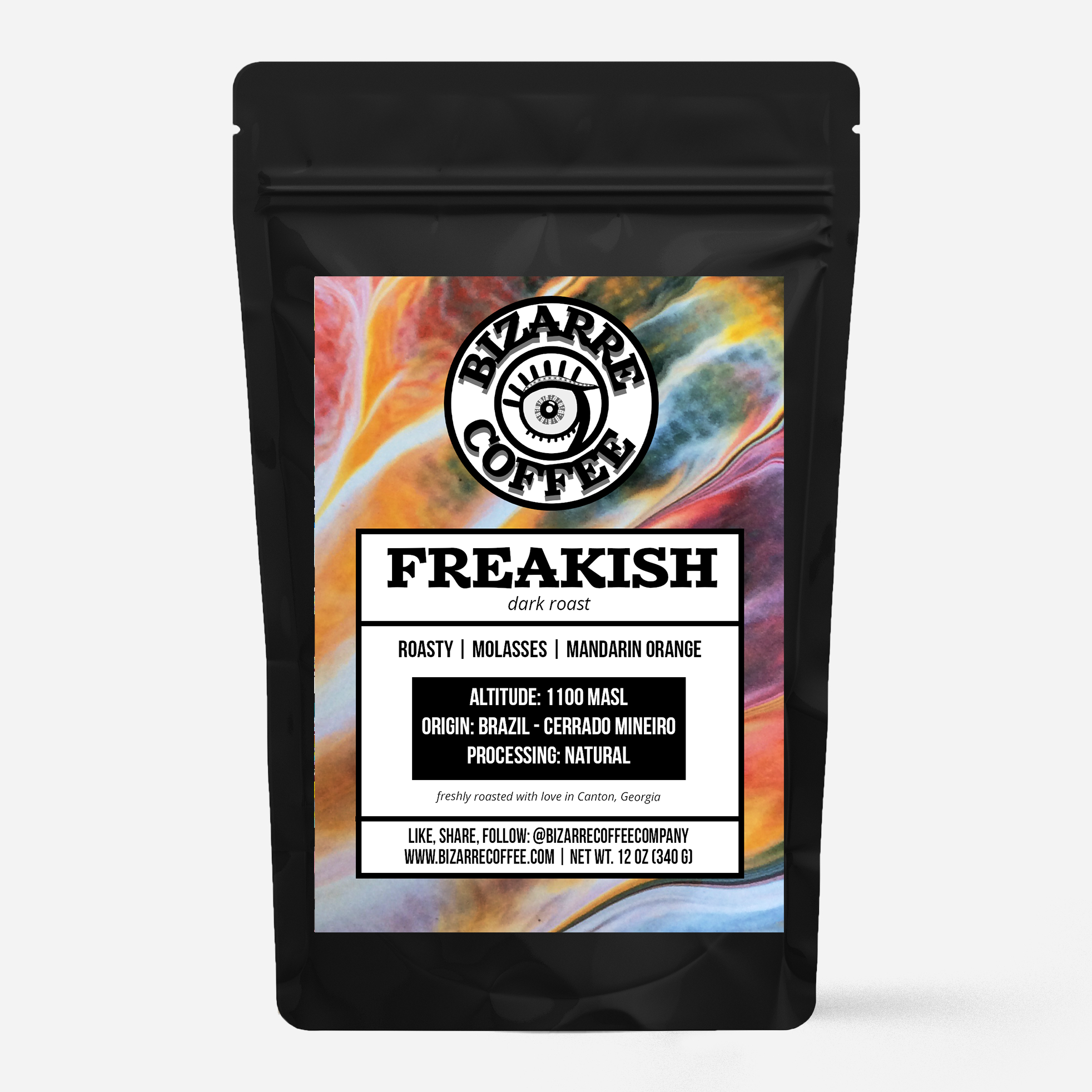 A bag of Bizarre Coffee Freakish dark roast coffee. Tasting notes: roasty, molasses, mandarin orange.